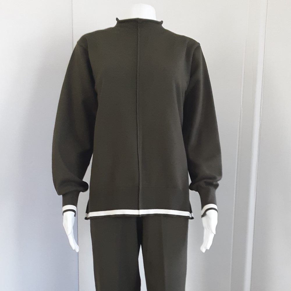 Hunter Green 2 Pc Knit Track Set Mock Neck Hi-Low Top Wide Leg Pants Sz L